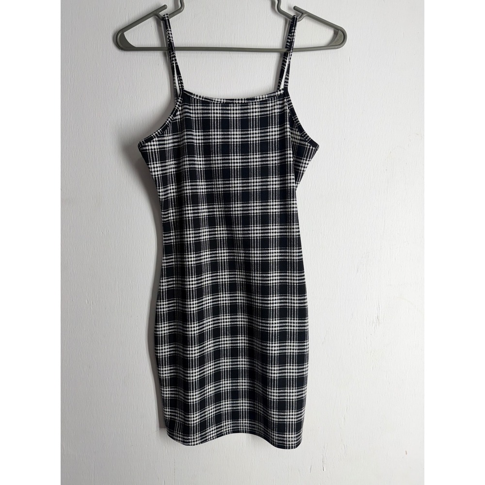 SHEIN Black White Plaid Bodycon Mini Dress Small 4 Spaghetti Strap Checkered